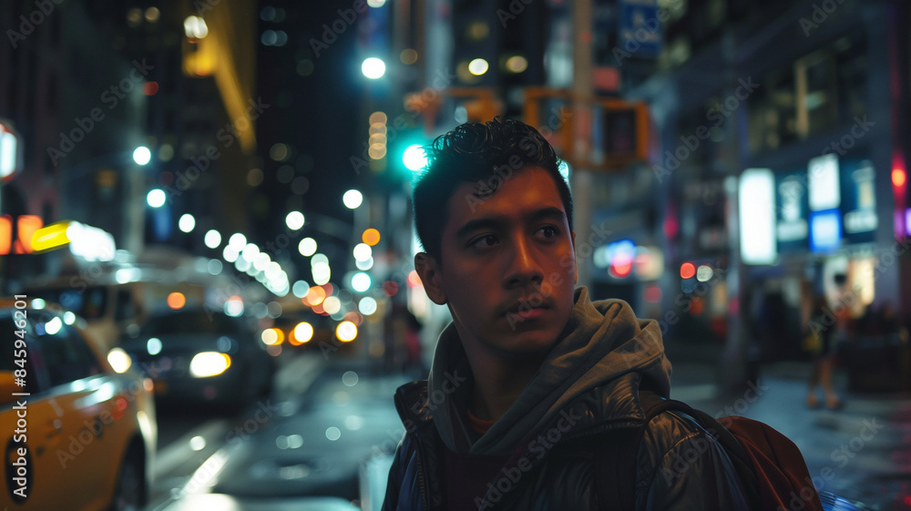 Portrait of an old Indian man on the streets of New York City at night looking serious with a taxi in the background. Portrait of an old Indian man on the streets of New York City at night looking serious with a taxi in the background.