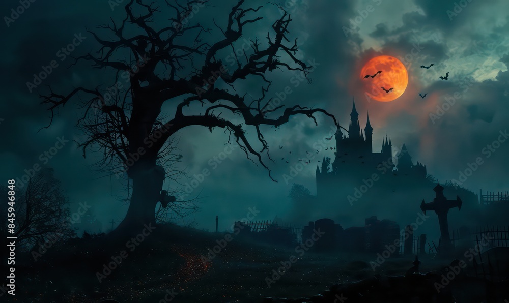 A spooky banner background concept for Halloween with the silhouette of a cemetery leading to a castle on a dark and spooky night with a full moon and bats flying around a dead tree A spooky banner background concept for Halloween with the silhouette of a cemetery leading to a castle on a dark and spooky night with a full moon and bats flying around a dead tree