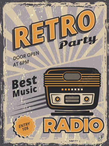 Retro music placard vintage radio illustration party invitation place for text