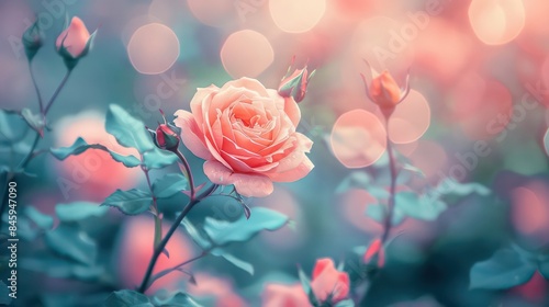 Fototapeta Naklejka Na Ścianę i Meble -  A vibrant rose blossom stands out against a backdrop of softly blurred pink roses in the enchanting garden of blossoms Nature s beauty at its finest