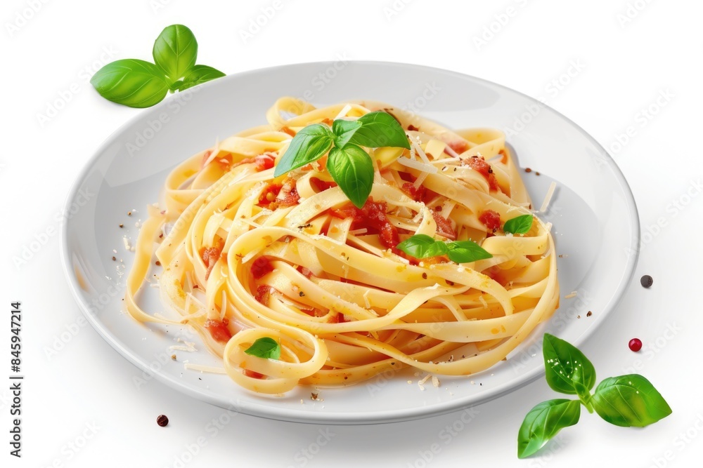 A simple yet delicious meal featuring pasta topped with fresh basil A simple yet delicious meal featuring pasta topped with fresh basil