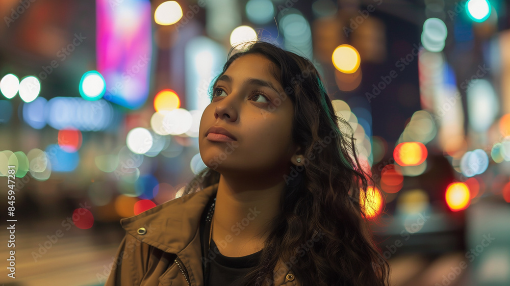 Gen-z latino woman looking up while waiting for a ride on a New York City street at night. Gen-z latino woman looking up while waiting for a ride on a New York City street at night.
