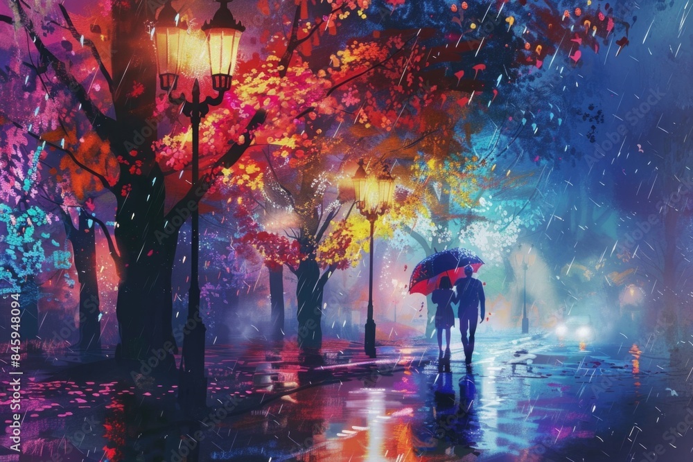 Obraz premium Couple braving the rain on a rainy day, using umbrellas to stay dry