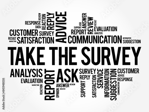 Take the Survey - take part in a questionnaire, to give one's opinion, word cloud concept background
