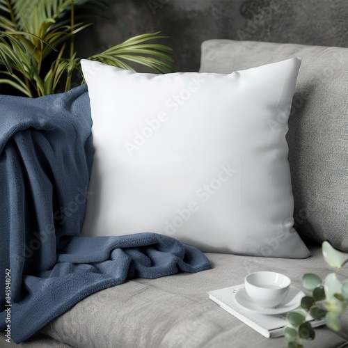 Cozy living room scene with a white throw pillow, blue blanket, and a coffee cup on a grey sofa with green plants in the background. perfect for showcasing your own designs mockup. photo