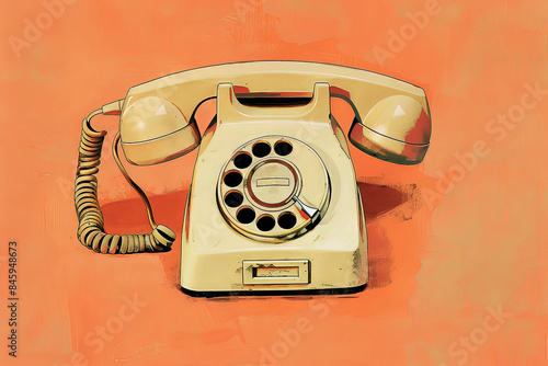 Retro cream rotary phone on a peach background. Generative AI image
