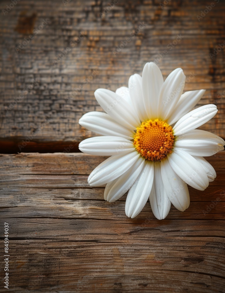 Obraz premium White daisy with yellow center on a wooden background.