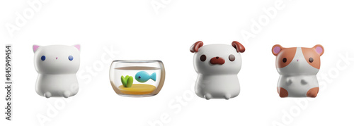 3D cute pets vector set, adorable cat, dog, hamster and fish in aquarium volume toys, render cartoon domestic animals
