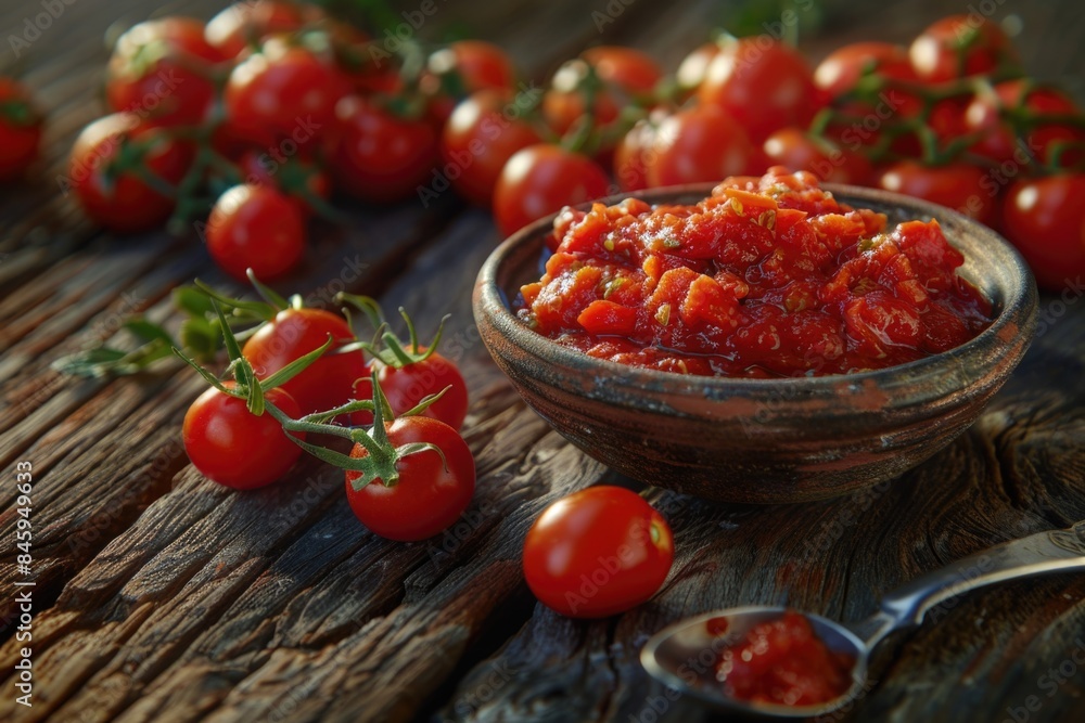A bowl of homemade tomato sauce accompanied by some fresh cherry tomatoes A bowl of homemade tomato sauce accompanied by some fresh cherry tomatoes