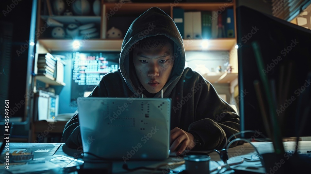 A person in a hoodie sits at a desk with a laptop, possibly working or studying A person in a hoodie sits at a desk with a laptop, possibly working or studying