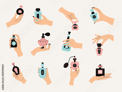 Perfume in hands. Woman holding cosmetic products in transparent bottles recent vector fragrance containers for perfume