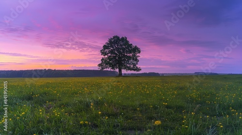 Wallpaper Mural Meadow under a purple and pink twilight sky, with a solitary tree in the middle. Torontodigital.ca
