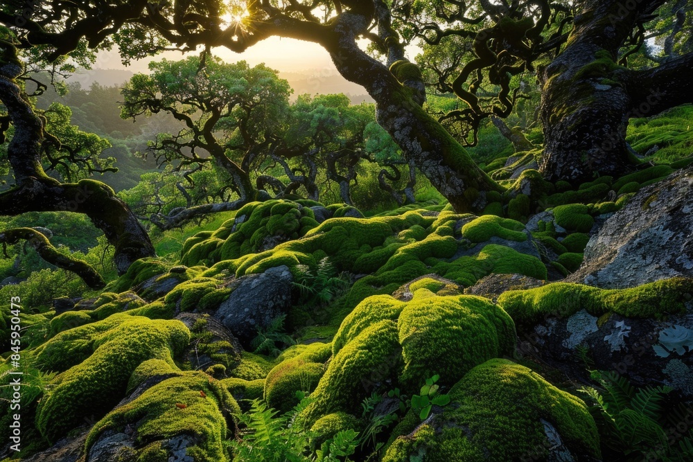 Obraz premium Mossy stones and trunks amidst lush foliage, ideal for nature-inspired designs or outdoor settings