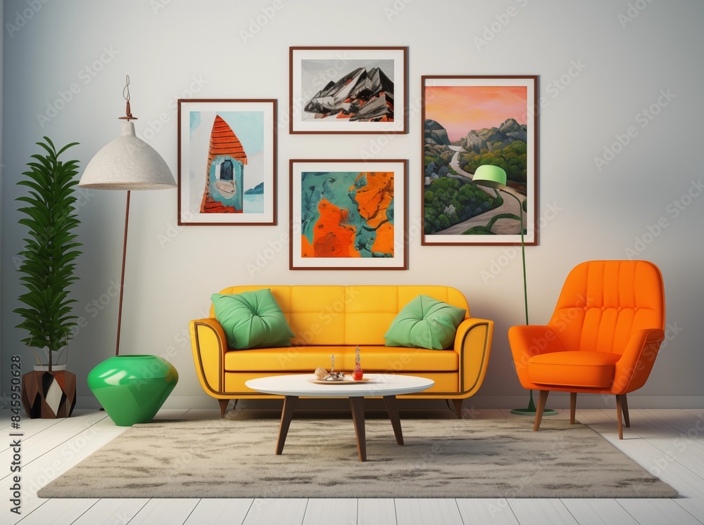 Colorful Mid-Century Modern Living Room with Art Gallery Wall Colorful Mid-Century Modern Living Room with Art Gallery Wall