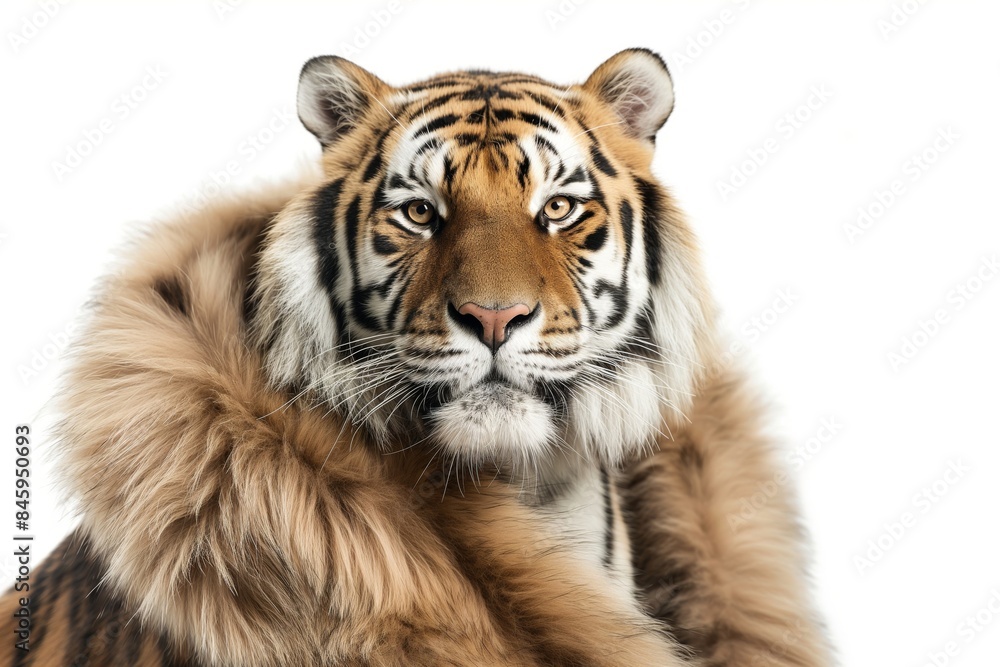 Obraz premium Stunning tiger poses elegantly in a faux fur coat, exuding glamour and sophistication against a clean, white background