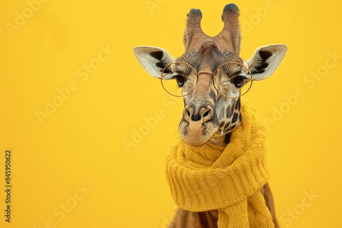 Whimsical photo of a giraffe donning round glasses and a cozy scarf against a vibrant yellow background © Татьяна Евдокимова