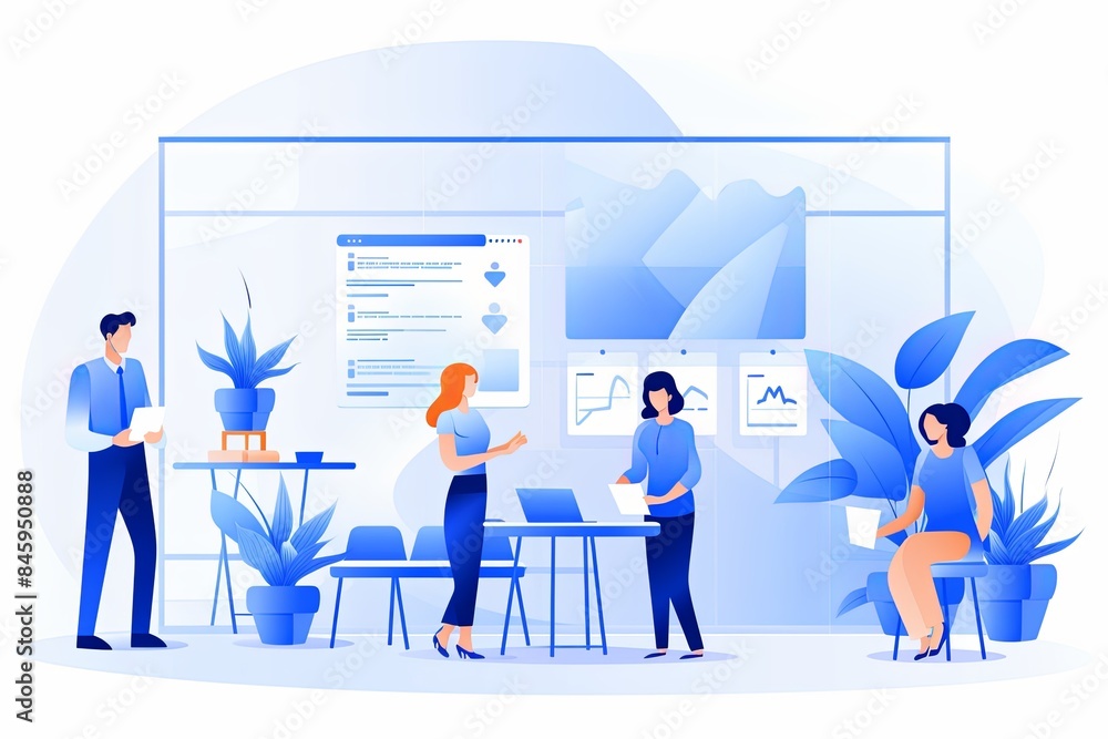 flat vector style illustration, a diverse group of people talking and collaborating flat vector style illustration, a diverse group of people talking and collaborating