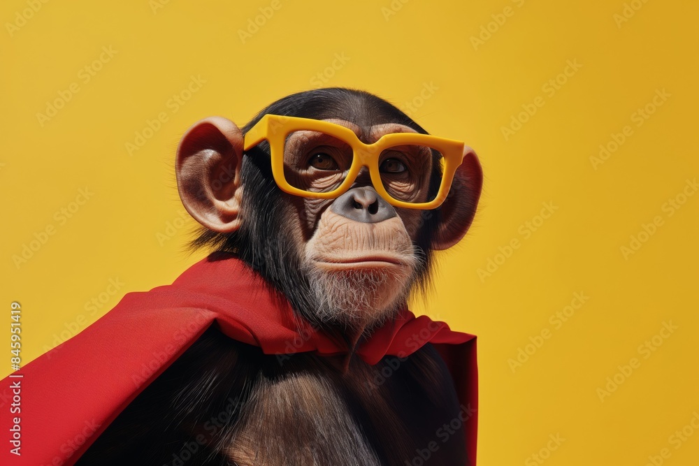Monkey dressed as a daring superhero with a red cape and yellow mask, stands against a vibrant yellow background, exuding confidence and playfulness Monkey dressed as a daring superhero with a red cape and yellow mask, stands against a vibrant yellow background, exuding confidence and playfulness