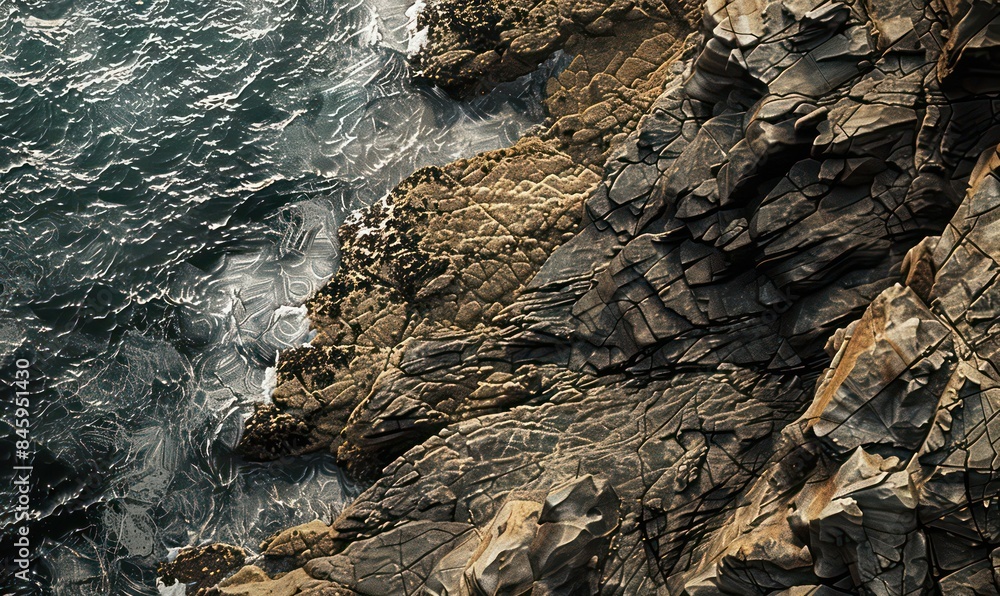 Aerial view Top down seashore. Waves crashing on rock cliff. Beautiful dark sea surface in sunny day summer background Amazing seascape top view seacoast at Intendance Beach Aerial view Top down seashore. Waves crashing on rock cliff. Beautiful dark sea surface in sunny day summer background Amazing seascape top view seacoast at Intendance Beach