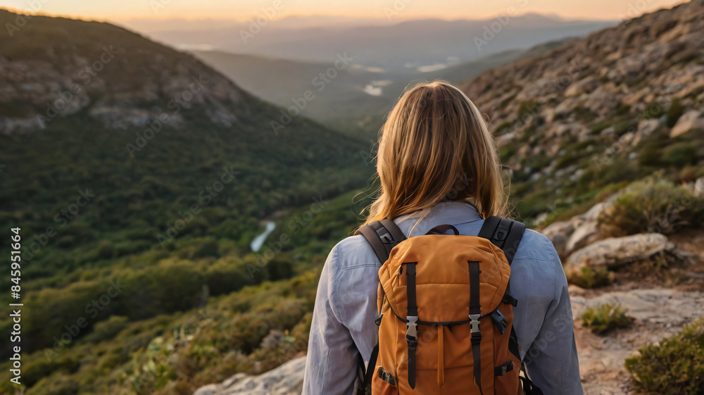 very close view from behind of a woman wearing a mountain backpack hiking beautiful rocky area at sunset lighting for advertising very close view from behind of a woman wearing a mountain backpack hiking beautiful rocky area at sunset lighting for advertising