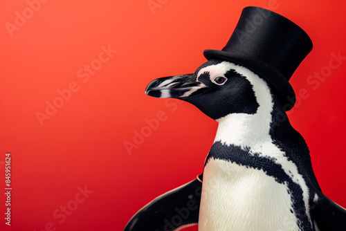 Charming penguin wearing a formal tuxedo and top hat, elegantly posed against a vibrant red backdrop, exuding sophistication and whimsy