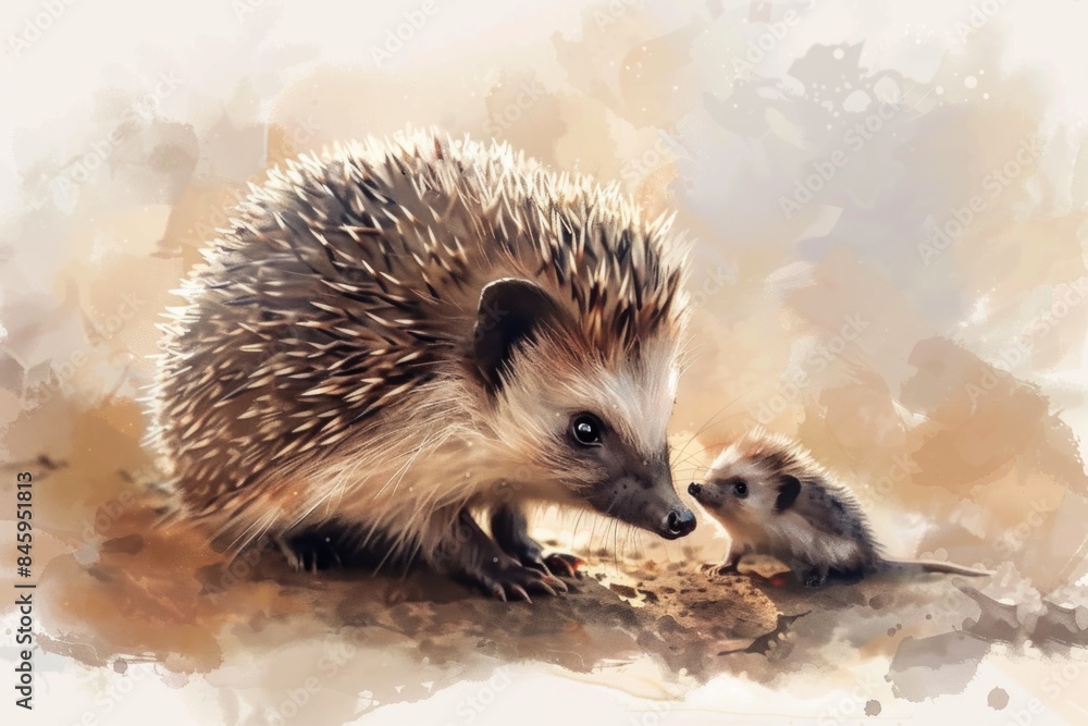 Fototapeta premium A close-up photo of a hedgehog with its baby, showcasing their unique bond