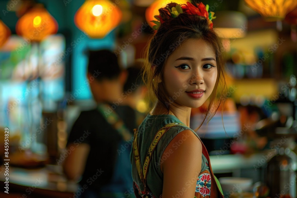 Woman serving customers at a restaurant counter Woman serving customers at a restaurant counter