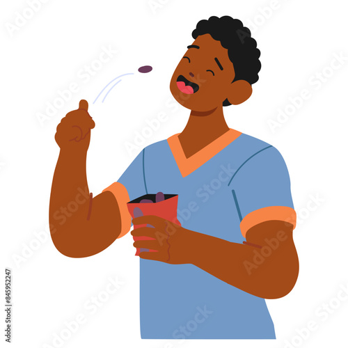 Man Enjoying A Healthy Organic Snack, Showing A Joyful Expression. Cartoon Vector Illustration Represents Healthy Eating
