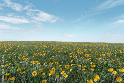 A bright and sunny day with a field of yellow flowers, perfect for a nature scene or outdoor inspiration