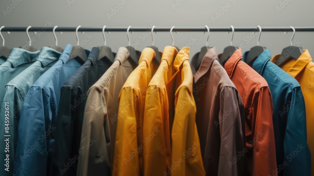 Row of shirts hanging on a rail in a closet or store Row of shirts hanging on a rail in a closet or store