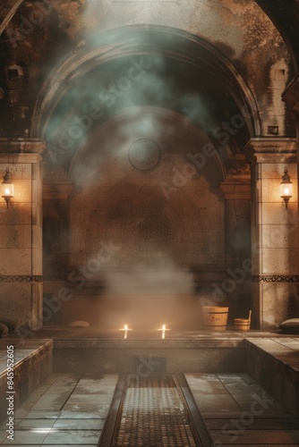 A dimly lit room with a pool of water, perfect for atmospheric or mysterious scenes