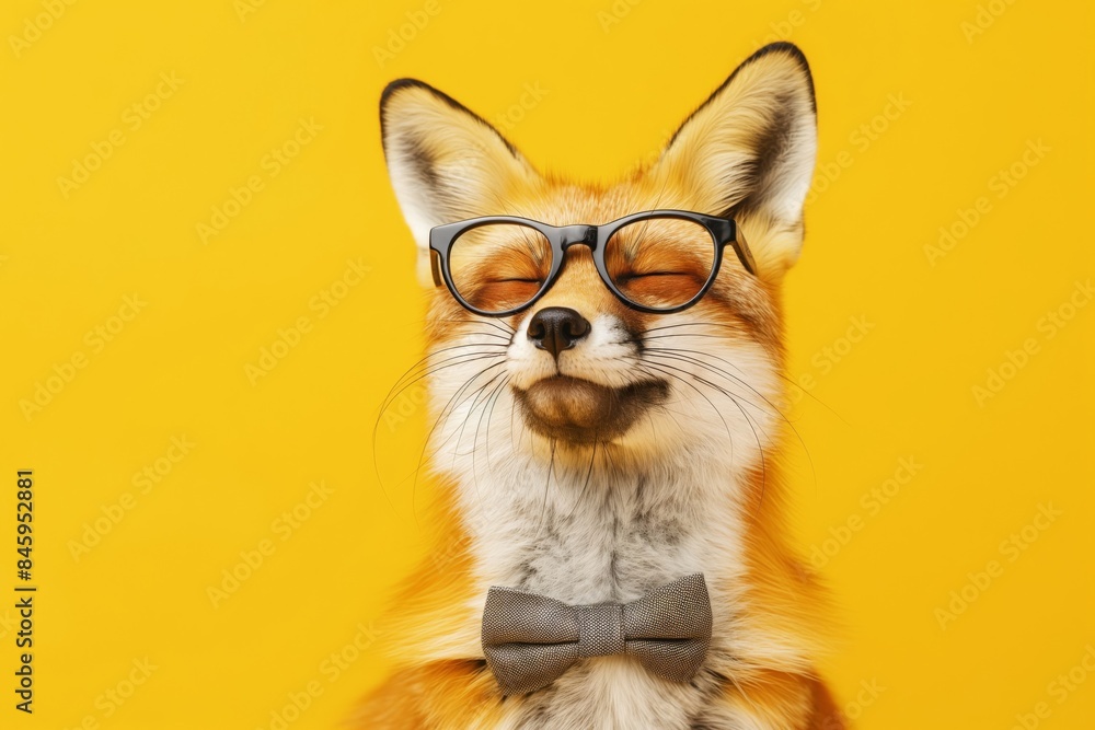 Fototapeta premium Hipster fox grooving with closed eyes, sporting glasses and a bowtie against a vibrant yellow backdrop, exuding charm and cool vibes