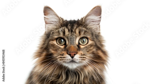A clear view of a domesticated cat's face on a white background, suitable for use in pet-related or lifestyle imagery © Fotograf