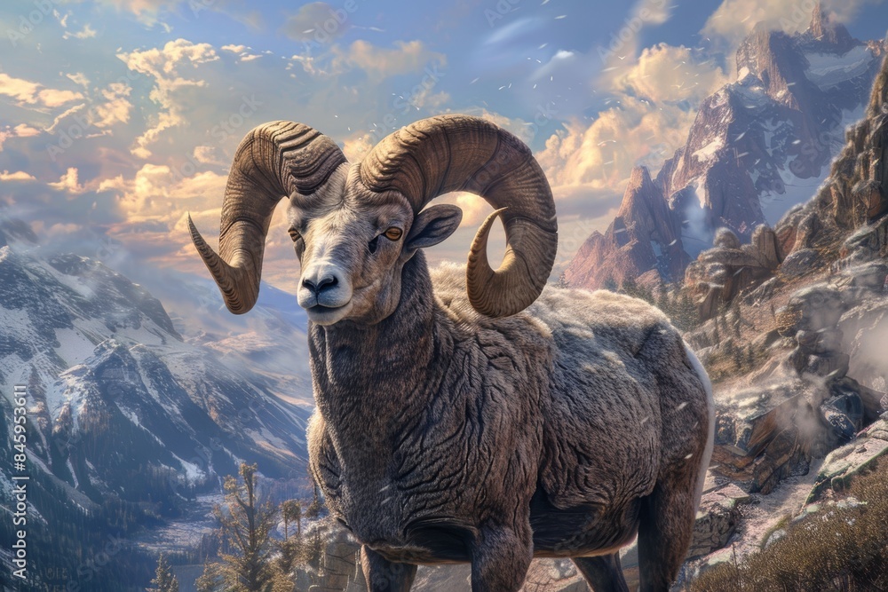 Naklejka premium Majestic Mountain Sheep in its Natural Habitat Generative AI