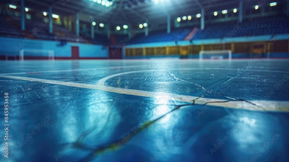 A hockey rink with a blue floor and lights A hockey rink with a blue floor and lights