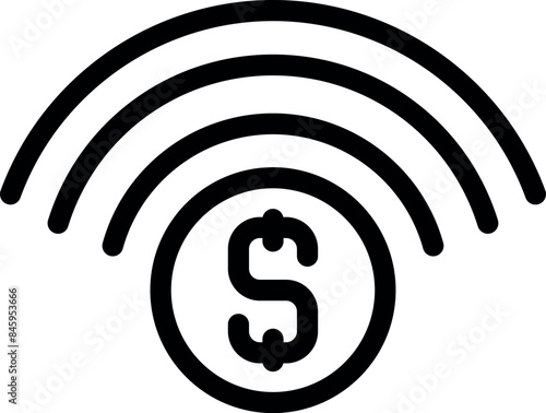 Line art icon of radio waves focusing on a dollar coin, conveying the concept of money transfer