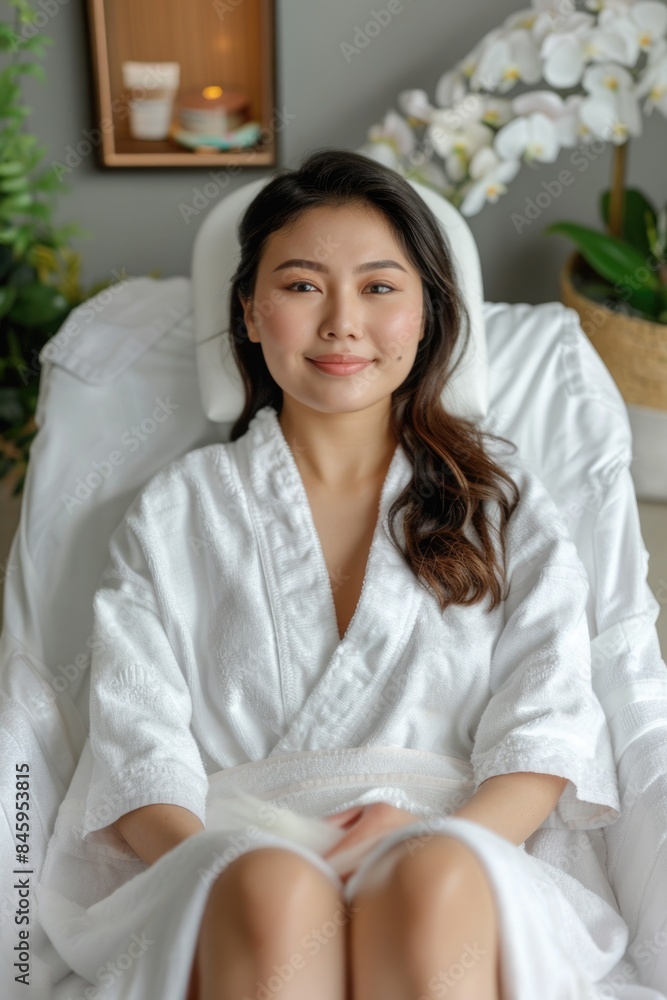 A woman sits in a chair wearing a white robe, suitable for use as a background or illustration A woman sits in a chair wearing a white robe, suitable for use as a background or illustration