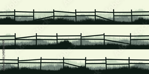 Meadow silhouettes with grass and old wooden fence. Countryside, panoramic summer lawn rural landscape with herbs, weeds. Herbal border, frame element. Green horizontal banners. Vector illustration