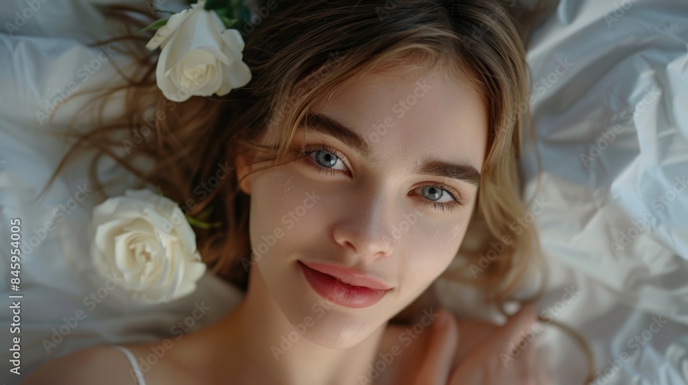 A beautiful young woman relaxing in bed with flowers in her hair, perfect for lifestyle or wellness content A beautiful young woman relaxing in bed with flowers in her hair, perfect for lifestyle or wellness content