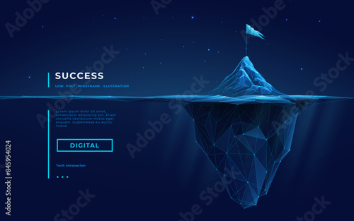 Abstract digital iceberg with a flag on the peak. Night technology background. Mountain with an underwater part. Abstract tech bg. Iceberg in sea or ocean. Vector low poly wireframe 3D illustration.