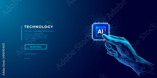 Abstract digital AI chip in a human hand. Humanoid holding AI processor in a hand. Artificial Intelligence concept. Technology innovation background. Tech bg. Low poly wireframe vector 3D illustration