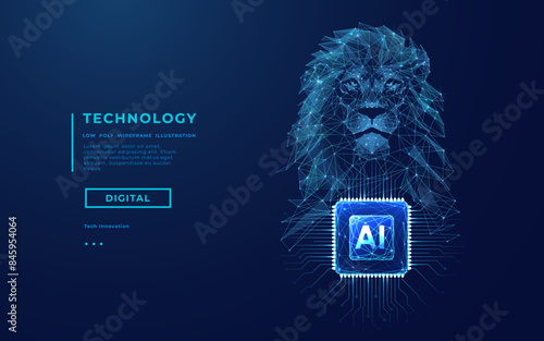 AI chip and polygonal head of lion. Artificial Intelligence concept. AI artist or painter. CPU microchip or semiconductor bg. Low poly wireframe vector illustration. Abstract technology background.
