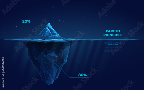 Digital iceberg with infographic. Pareto principle concept. Ice mountain peak in the cold ocean. Abstract technology background. Underwater iceberg. 3D polygonal wireframe vector illustration.  