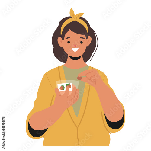 Smiling Woman Enjoying A Healthy Organic Vegan Snack. Female Character Is Holding A Small Bowl Of Nuts And Fruits