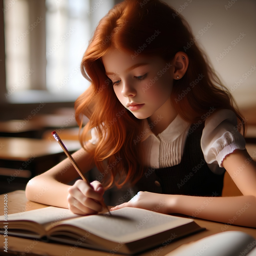 Young school girl with red hair seating at a wooden school desk and doing her homework Young school girl with red hair seating at a wooden school desk and doing her homework