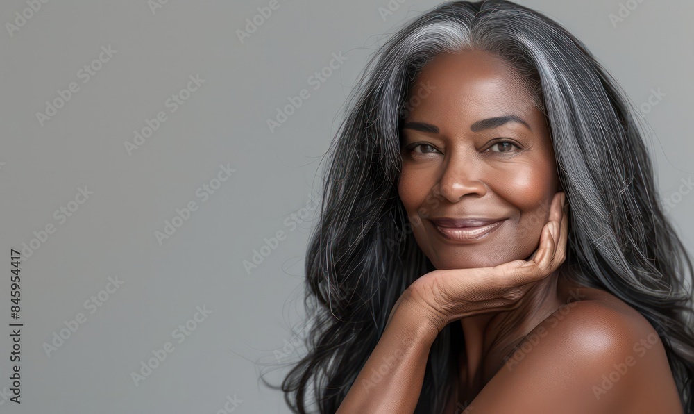 Beautiful black woman with smooth healthy face skin. Gorgeous aging mature woman with long gray hair and happy smiling. Beauty and cosmetics skincare advertising concept Beautiful black woman with smooth healthy face skin. Gorgeous aging mature woman with long gray hair and happy smiling. Beauty and cosmetics skincare advertising concept