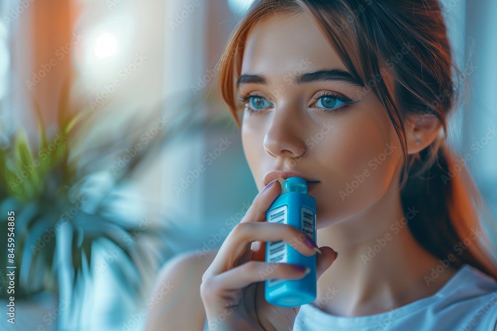 Woman Using Inhaler To Breathe During Asthma Attack Woman Using Inhaler To Breathe During Asthma Attack