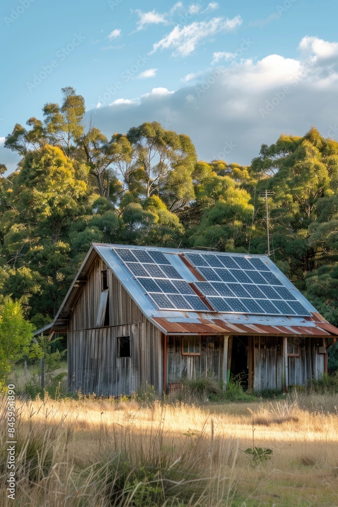 A rustic barn with solar panels installed on the rooftop A rustic barn with solar panels installed on the rooftop