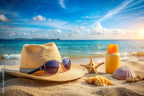 Summer skin care: sunscreen and accessories on beach, sea in background