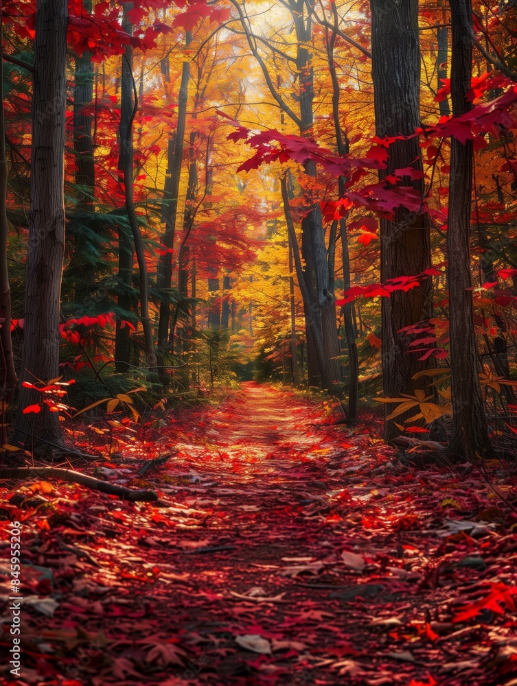 Fototapeta premium A forest path covered in carpets of red maple leaves, with tall trees on both sides